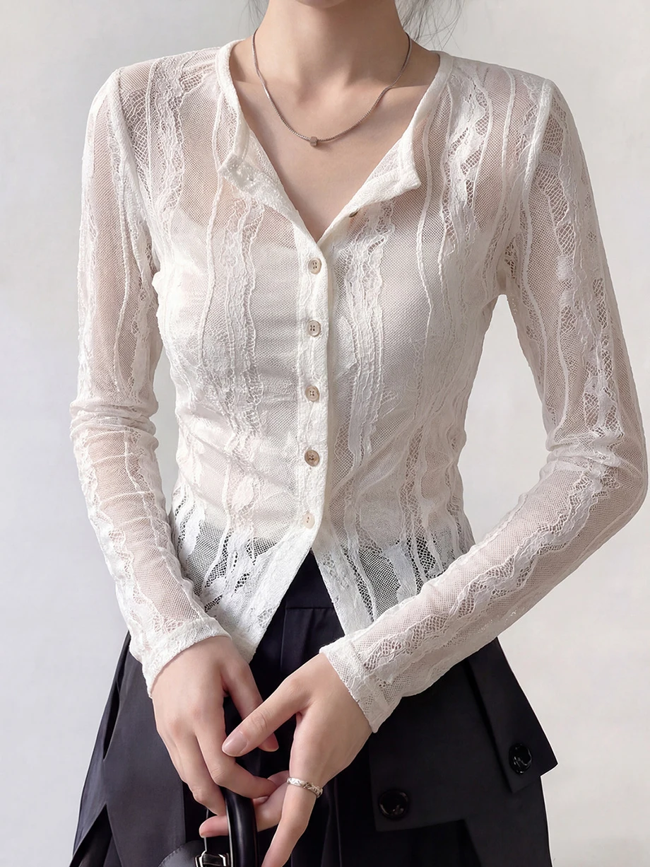 

White Lace Chiffon Long Sleeve T-Shirt Open Cardigan Korean Style Beautiful Design Sensation Absolutely Beautiful Spring Fashion