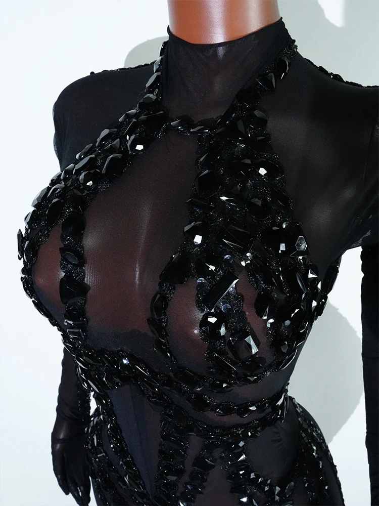 Moda brilho completo strass preto macacão lantejoulas sexy clube festa de aniversário collant drag queen pólo dança traje outfits