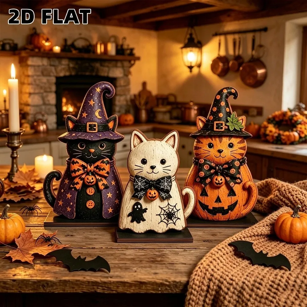 3pcs Pumpkin Witch Cat Ornament Rustic-style Ghost Wooden Decorative Figurines 2D Flat Print Dark Gothic Tabletop Decoration