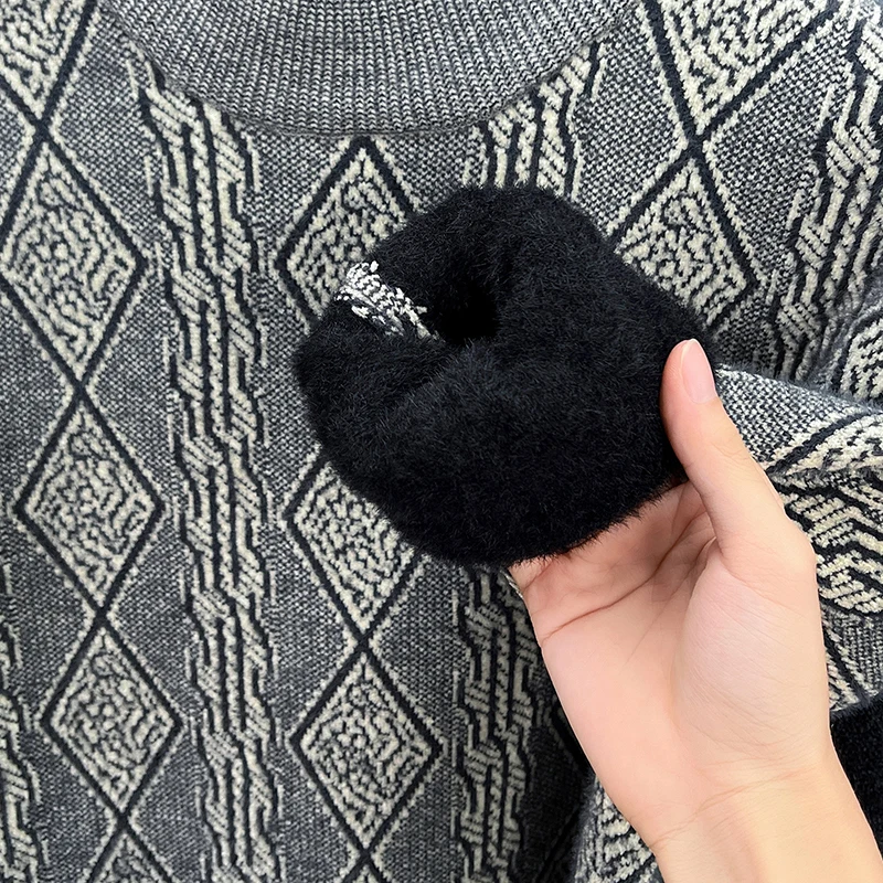 الرجال الصوف مبطن سميكة متماسكة سترة وهمية الرقبة طويلة الأكمام الدافئة لينة بلوفر شتوي محكم الجاكار ملابس عمل غير رسمية #4