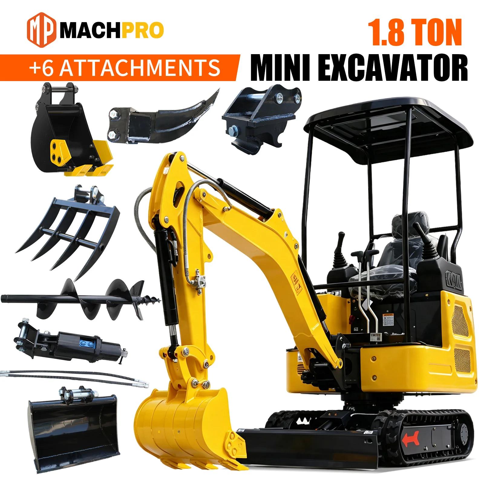 MACHPRO 1.8 Ton Mini Excavator Kubota Engine,Pilot Control with Hydraulic Thumb, 360 Degree Rotation Boom Swing, EPA Certified Small Digger for Garden, Farm, Construction Free Shipping (Wooden Crate Shipping ,Include 6 Attachments, 90% Pre-Installed)