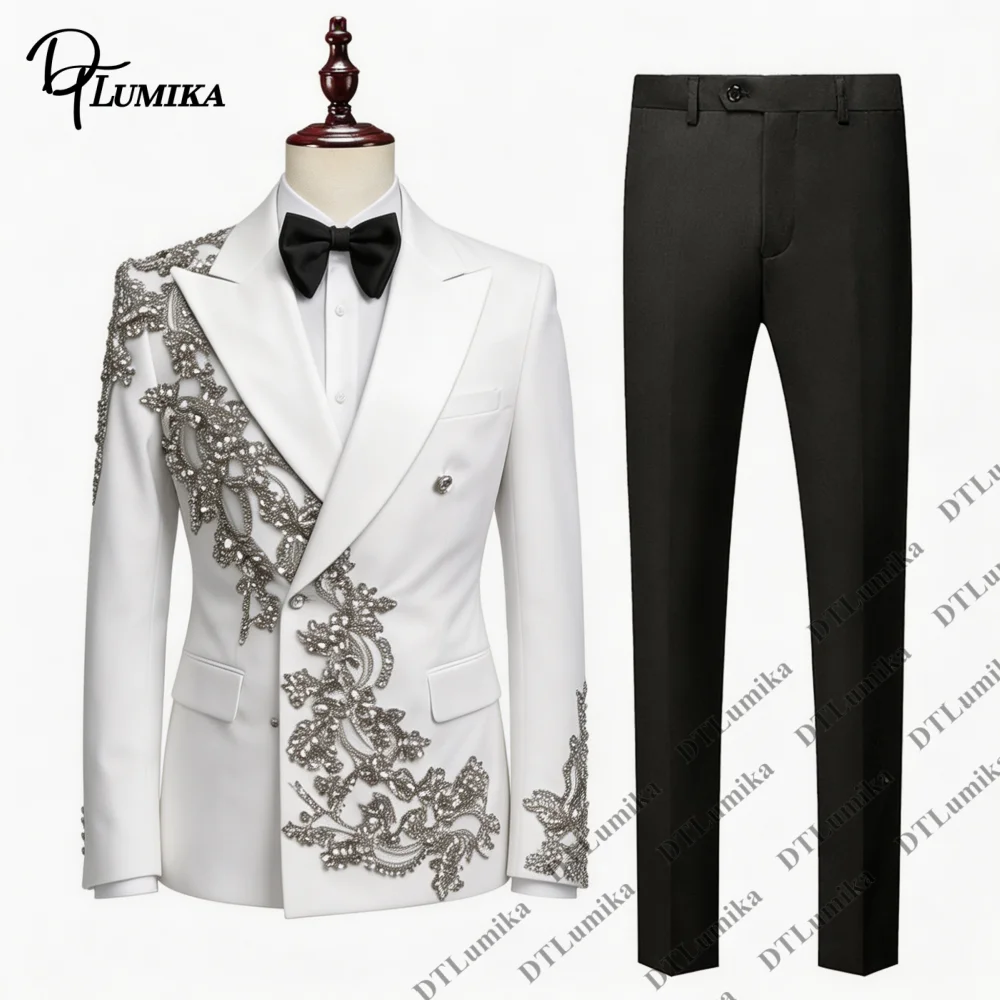 Haute Couture Men's Wedding Suit Two Piece Formal Bespoke Tuxedo Jacket Pants Crystals Appliques Made To Measure Suits Set