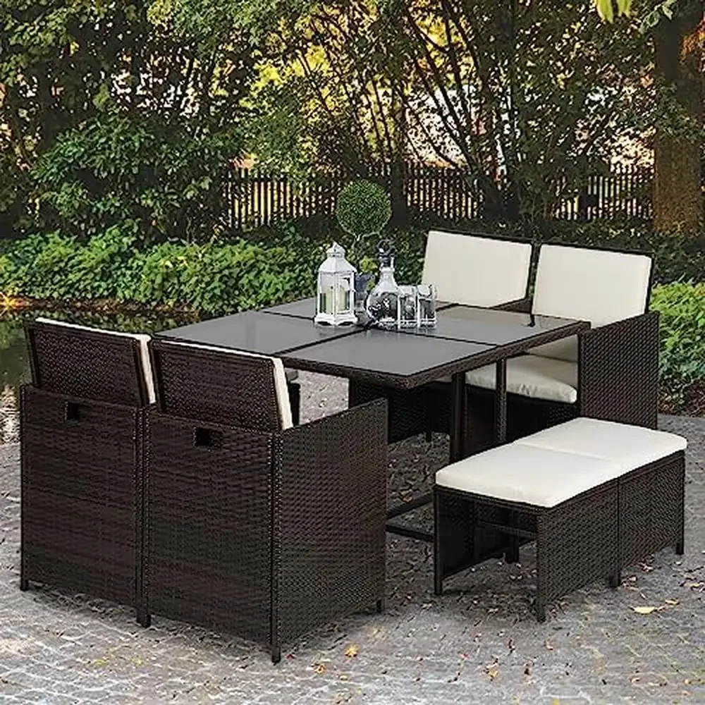 9-Piece Outdoor Patio Furniture Set Space-Saving Wicker Dining Set with Glass Table Top Comfortable Cushions Easy Assembly