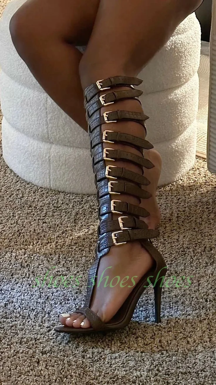 

Lady Dark Brown Patten Printed Calf Cut-Out Sandals Stiletto Heel Hollow Brown Gladiator Style Boots Cover Heel Pumps Size 34-46