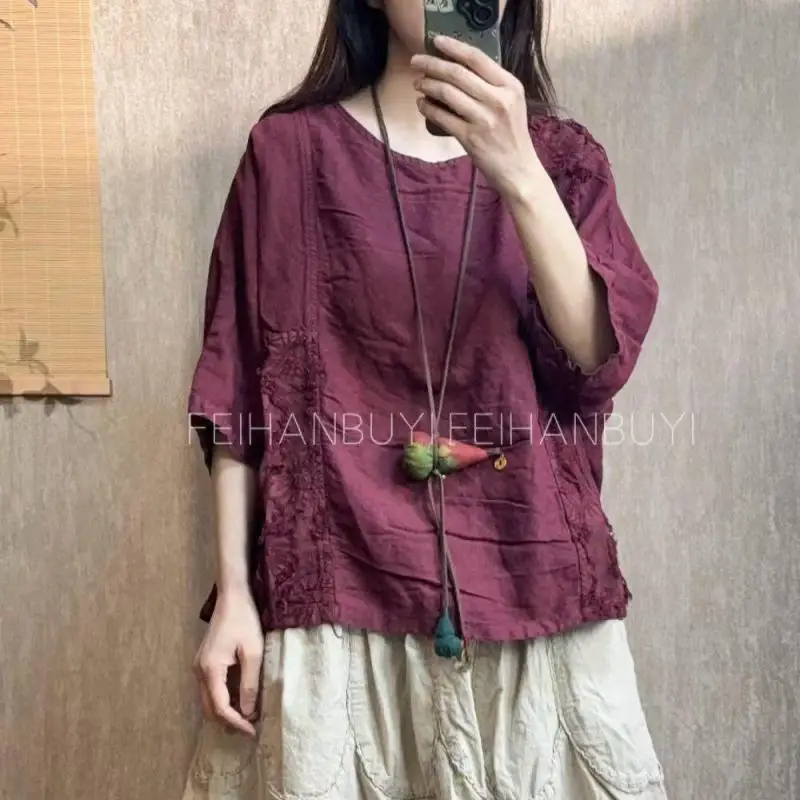 

Новинка: Летняя женская футболка в стиле арт с коротким рукавом, круглым вырезом, свободного кроя, винтажный дизайн с пэчворком, хлопок и лен, топы для женщин