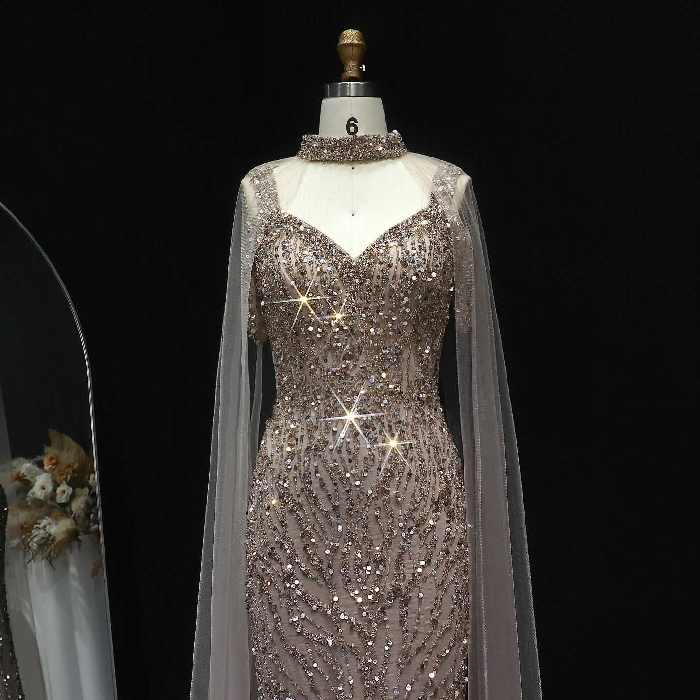 Sharon Said Arabic Mermaid Luxury Pink Evening Dress with Cape Sleeves Champagne Long Women Wedding Party Gowns SS033 Customized