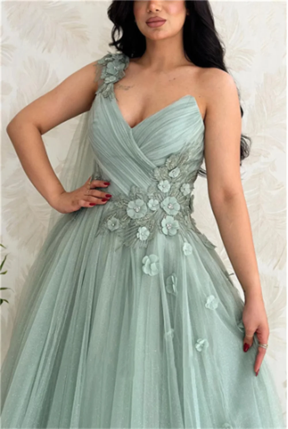 Robe de Soirée en Maille Vert Clair avec Col en V, Tenue de Bal de Forme Trapèze, avec des Appliques en Dentelle Brillante dans le Dos