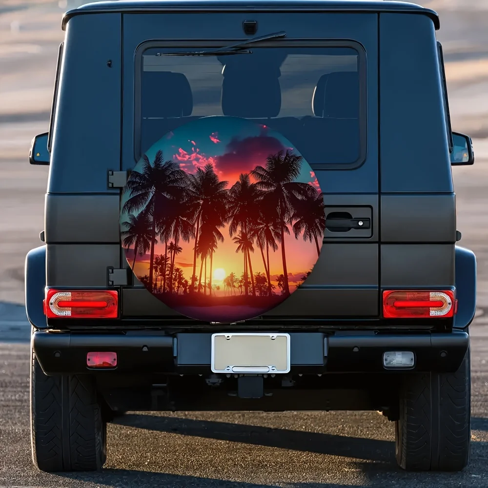 1pc Tropical Palm Tree Sunset Design Waterproof Spare Tire Cover, Machine Washable Fabric, Universal Fit for Auto