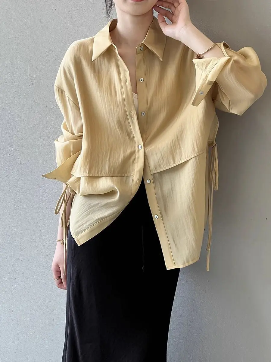 Fake Two-piece Tie-shirt for Women Spring/Summer 2025 Collection Collared Loose-fitting Long-sleeved Top with Temperament