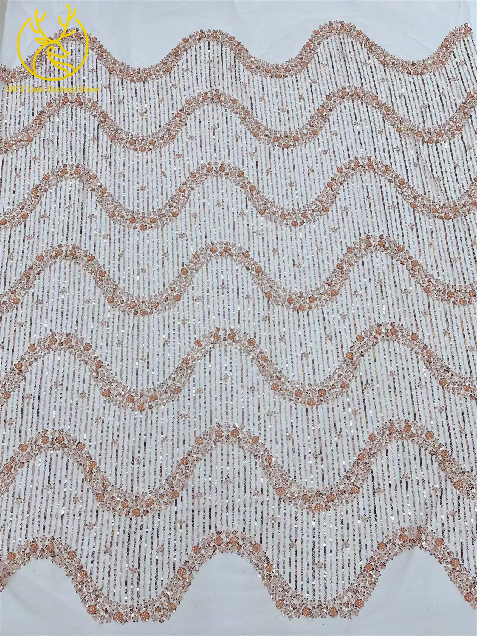 5 Yards Afrikanischer Bräutigam-Perlen-Tüll-Spitzenstoff Rosa Eleganter Nigerianischer Pailletten-Perlen-Netzstoff zum Nähen von Hochzeits- und Partykleidern – Detail 10