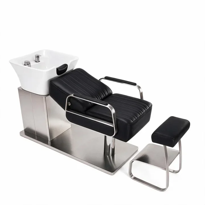 Luxury integrated head treatment bed with ceramic basin, professional salon shampoo table, with stainless steel frame and stool