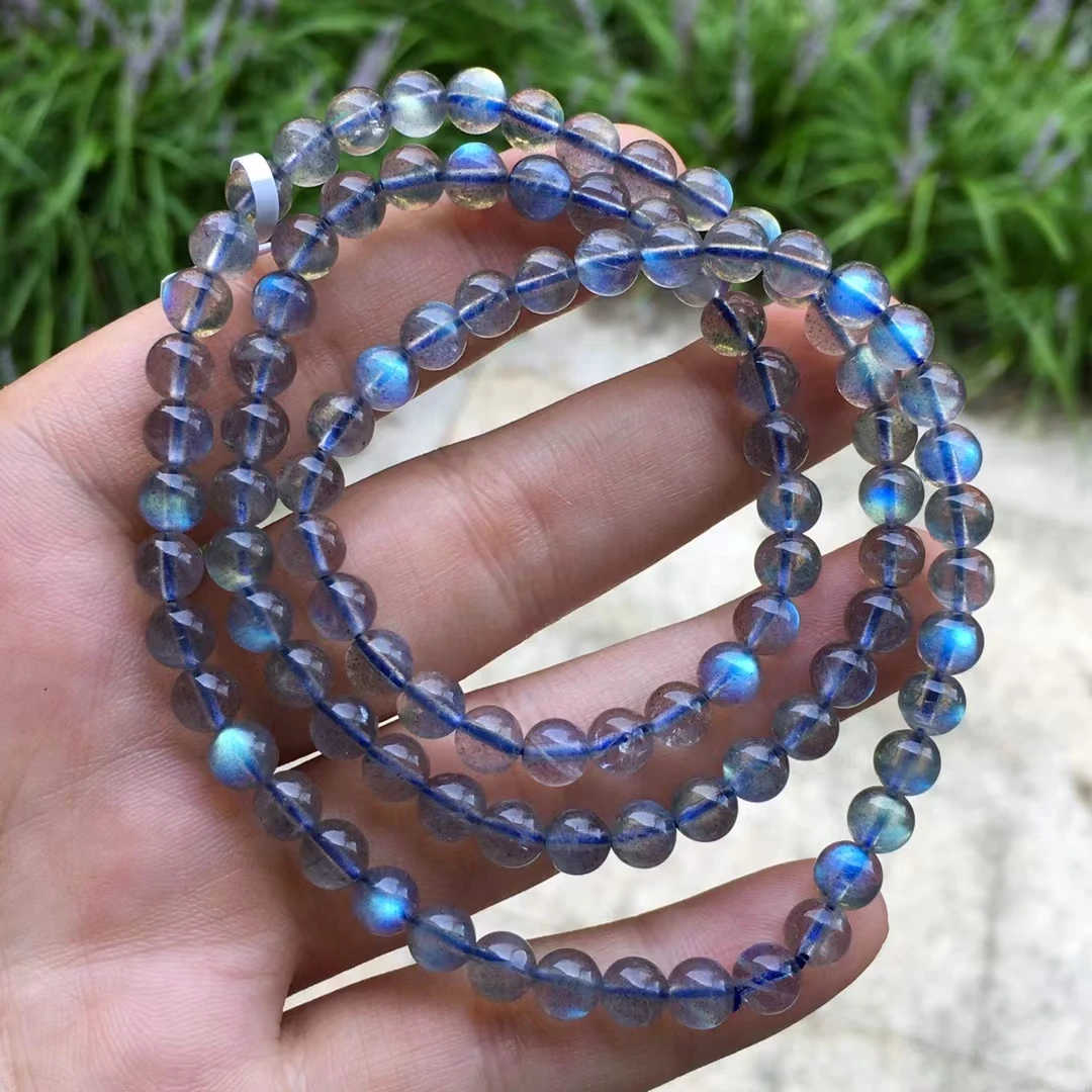 

Natural Blue Light Labradorite 3 Laps Beads Bracelet Women Men 6mm Clear Round Beads Necklace Grey Moonstone Stone AAAAA