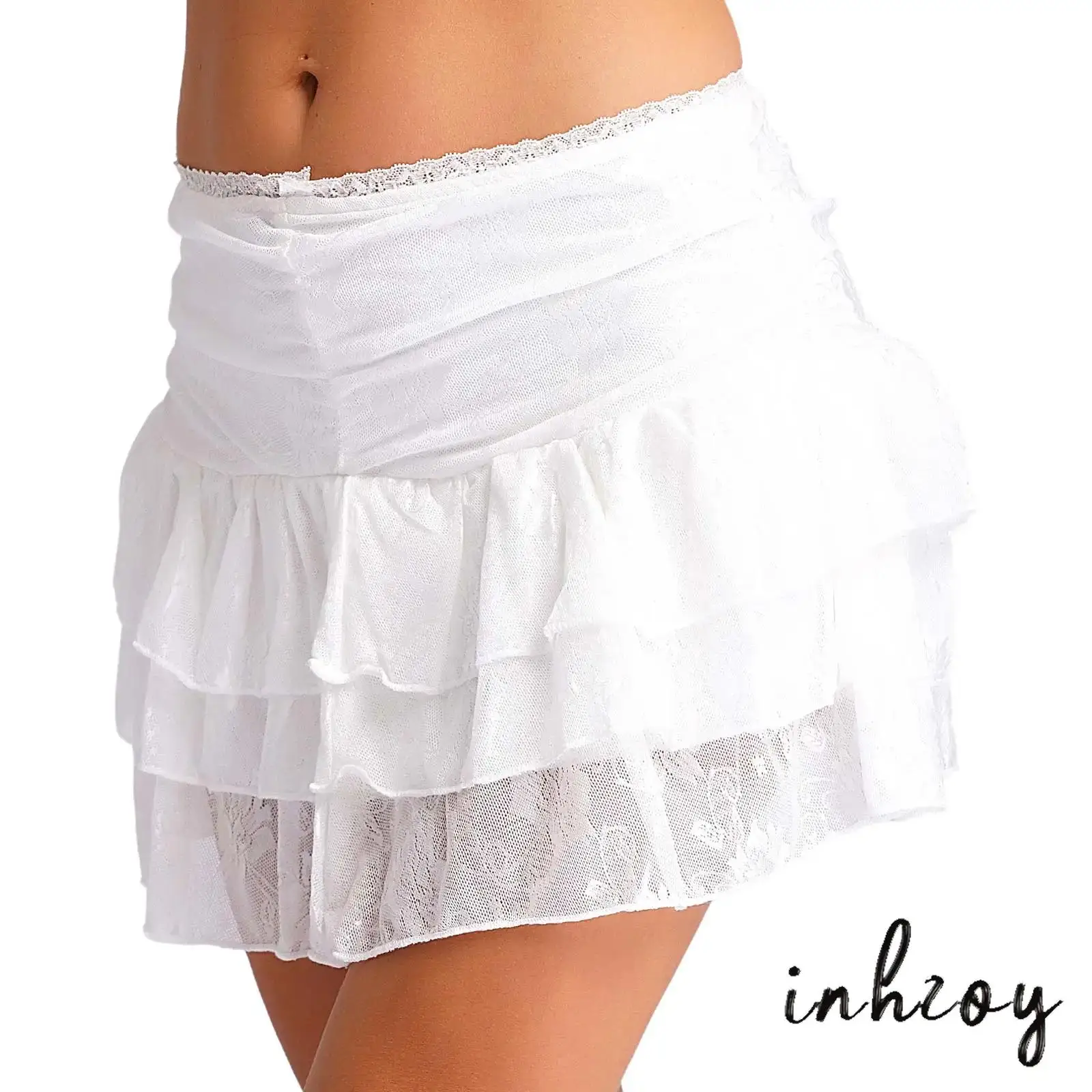 

Women Sweet Lace Skirt Low Waist Floral Three-layers Tiered Lace Skirt Short Skirt Summer Skirt for Vacation Beach Party Club