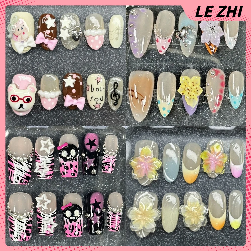 

10Pcs Spicy Girl Style Handmade Full Cover Nails Cartoon 3D Flower Hello Kitty Rhinestone French Detachable Press On Nails