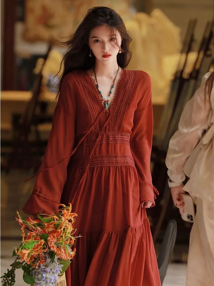 

Autumn Women Ruffle Patchwork Maxi Dresses Sexy Deep V-Neck Lantern Long Sleeve Hollow Out Dress Holiday Party Vestidos New