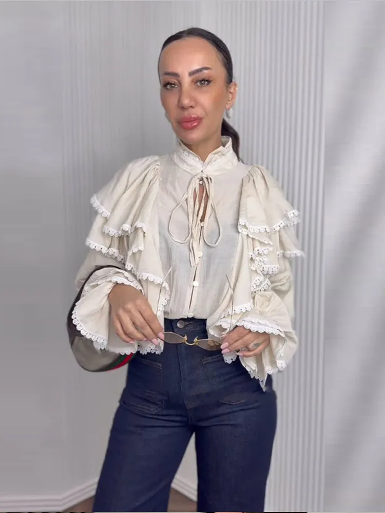 Spitzen-Patchwork-Rüschenhemd mit Schnürung und Knöpfen für Damen, sexy, ausgestellte, lange Ärmel, einreihig, lockere Bluse, schicke Damen-Partykleidung – Detail 4