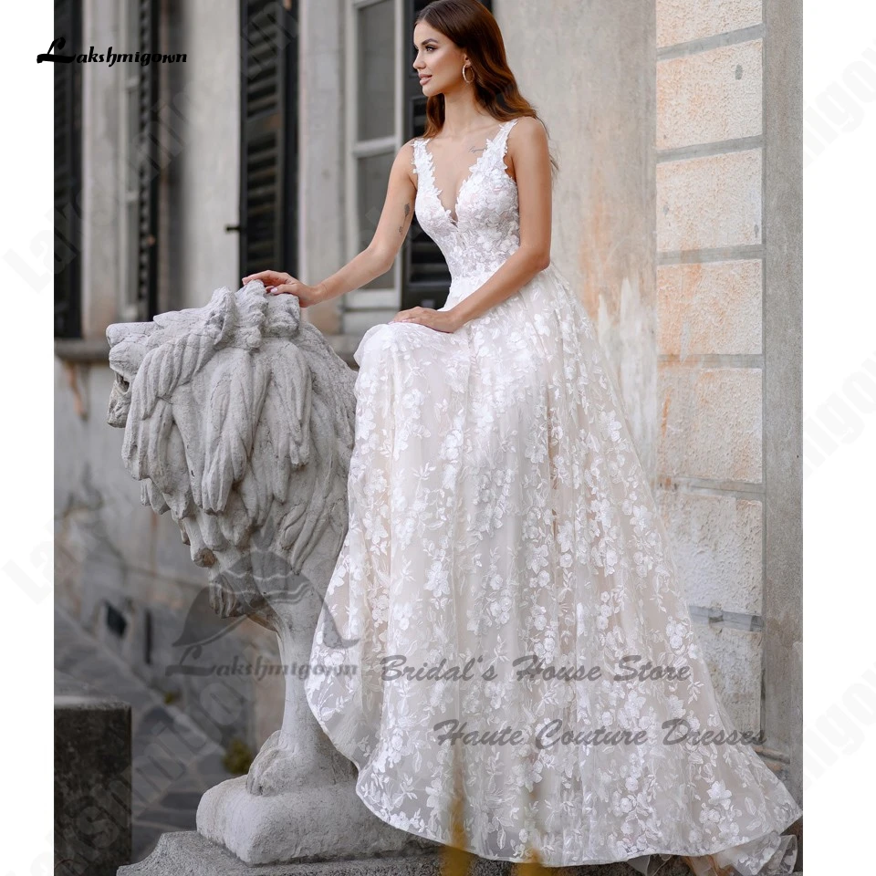 Lakshmigown abito da sposa in pizzo bohémien di lusso A Line 2023 Robe Femme Princess Bridal Beach abiti da sposa con scollo A V aperto sul retro