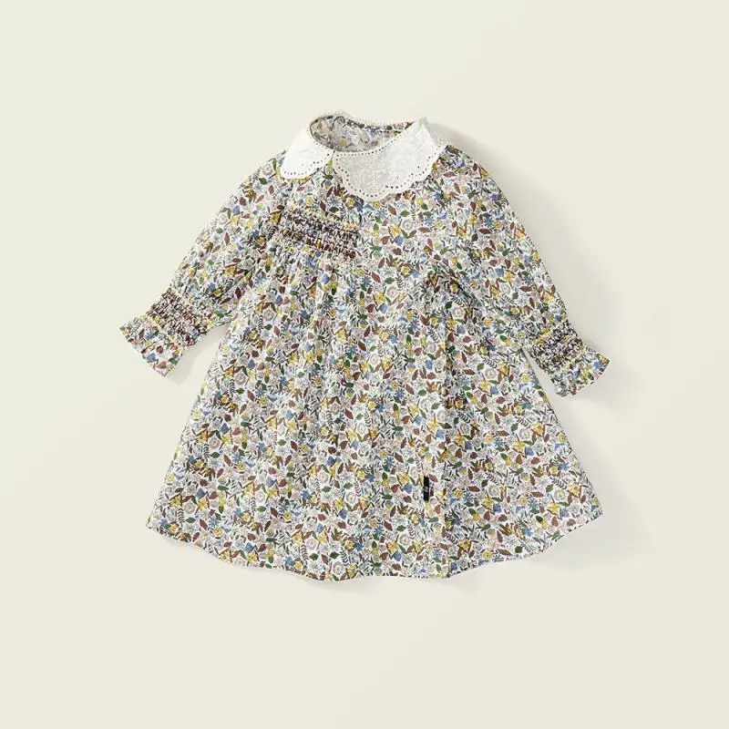 2024 Girls Baby Floral Printing Dress New Retro Smocked Princess Dresses Long Sleeves Children Lace Turn-Down Collar Clothing