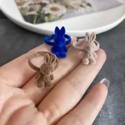 New Fall Winter Flocking Cartoon Rabbit Rings for Women Girls 2023 Vintage Velvet Korean Cute Bear Adjustable Finger Ring Gift