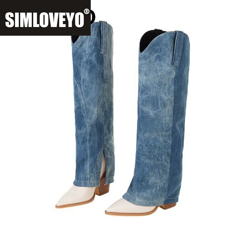 

SIMLOVEYO Новые модные сапоги до колена с острым носком на танкетке и застежкой-молнией размера плюс 40, 41, 42, 43, синие зимние S2654