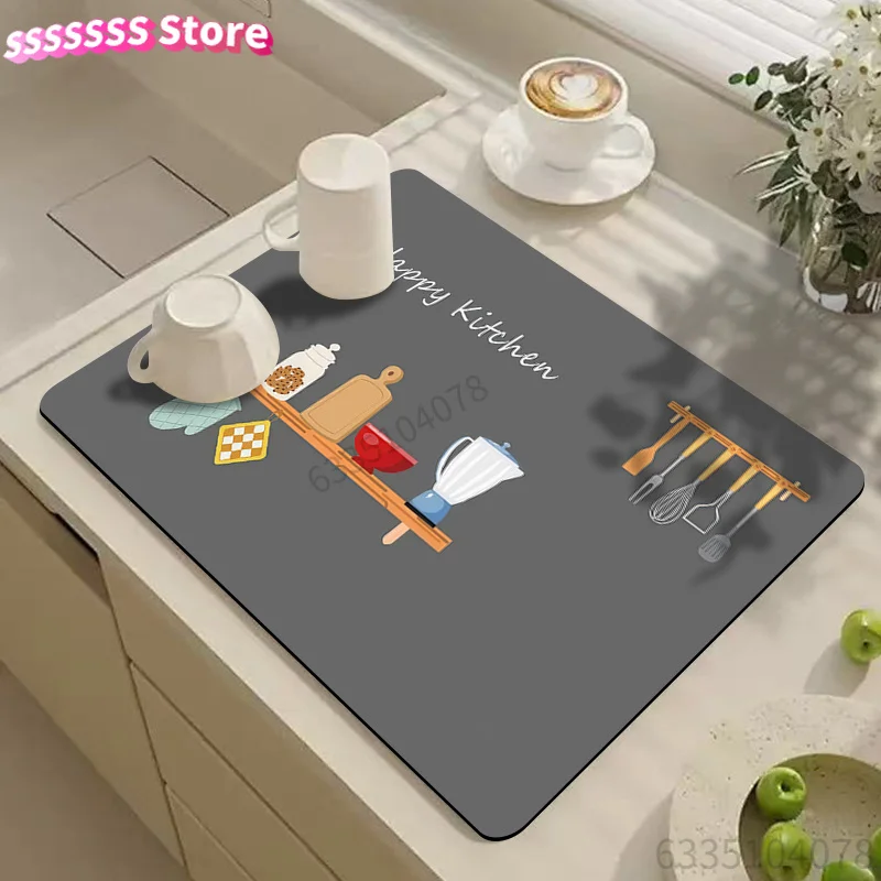 Purchase  Tableware Drying Mat, a Drying Mat with Kitchen Utensil Patterns, a Minimalist High-End Printed Draining Mat, a Coffee