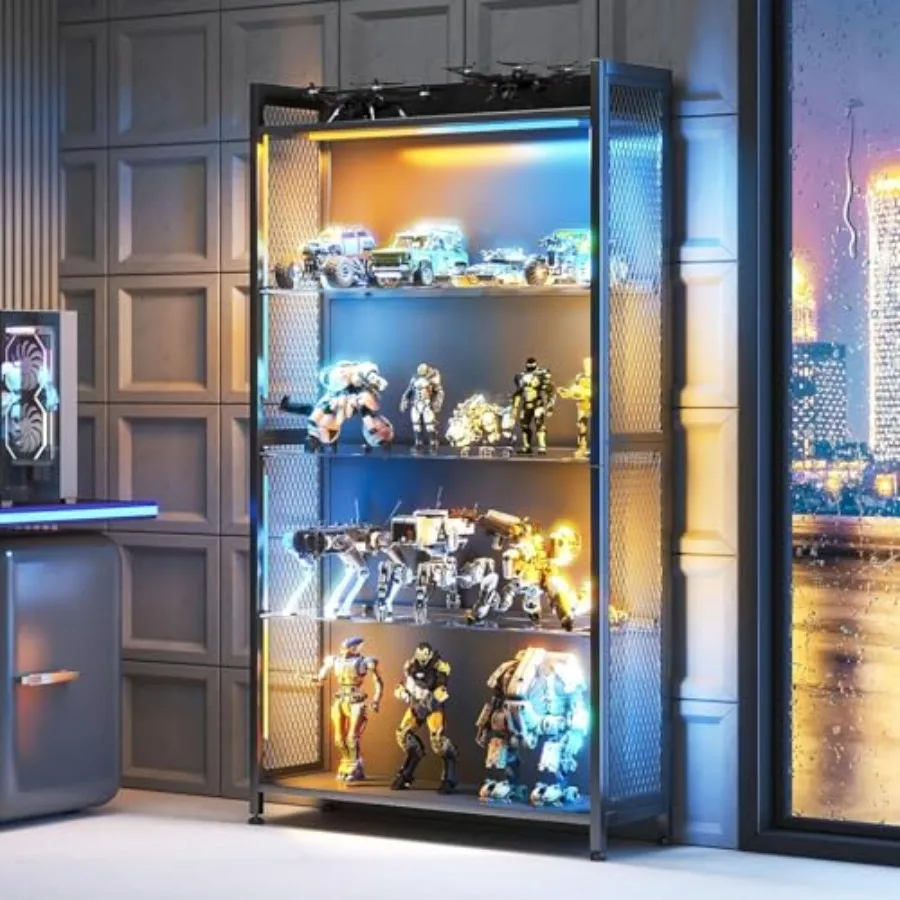 Display Case with Glass Shelves and RGB Lights, 4-Tier Display Cabinet view 3