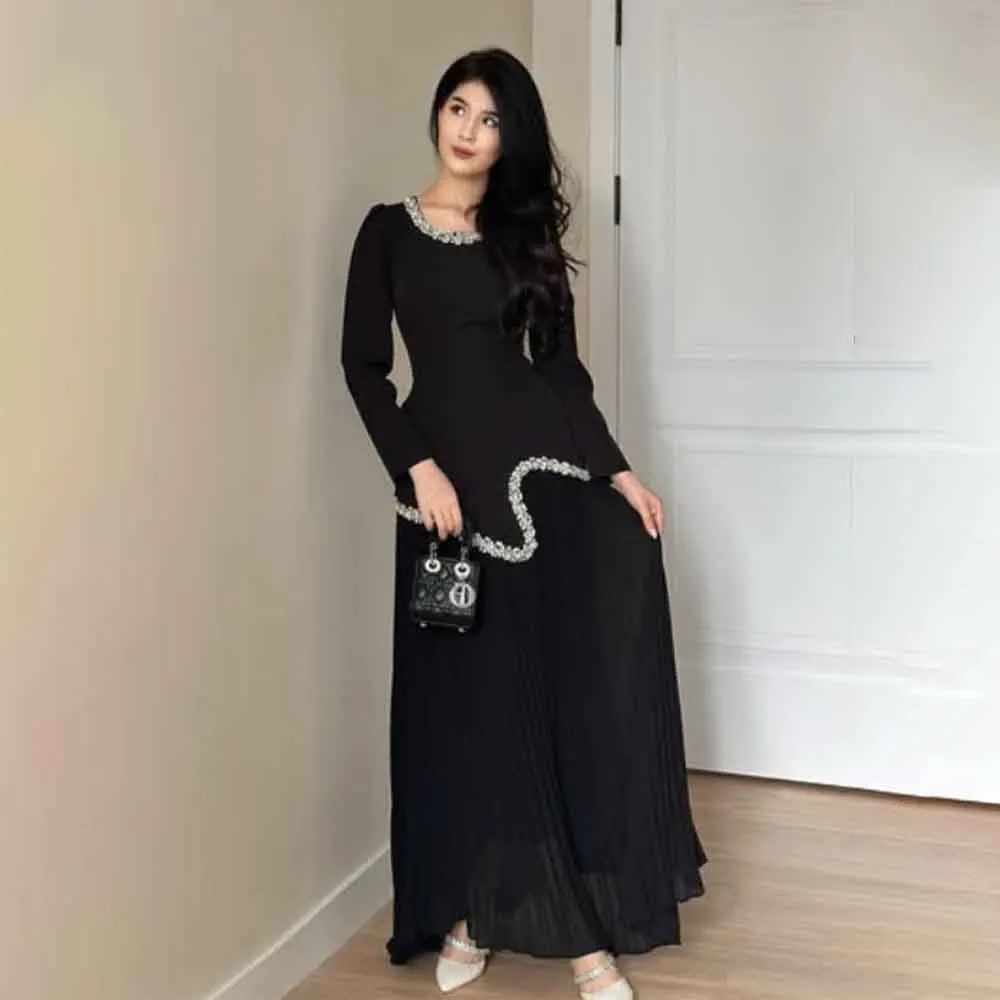 

High Quality Customized Ankle Length Pleat Beaded Full Sleeves Black Vestido De Festa De Casamento Платье Корейский Стиль Women