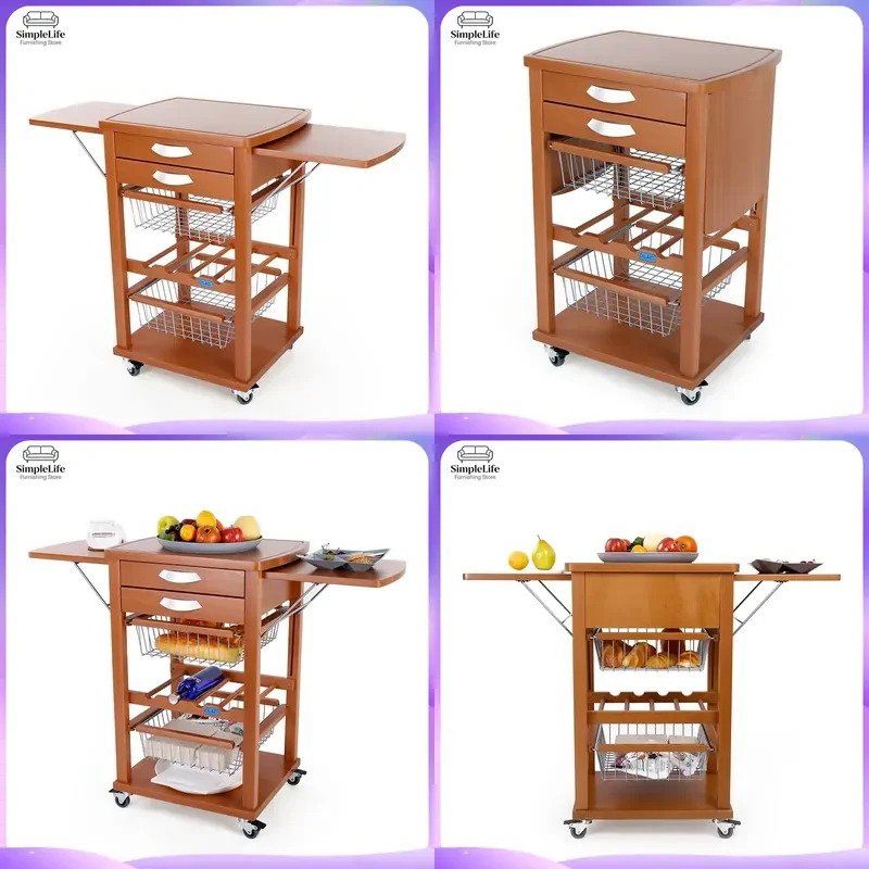 Italian Style Kitchen Cart with Storage Shelves and Wheels for Fruits Vegetables Spices Utensils Rolling Island Trolley for
