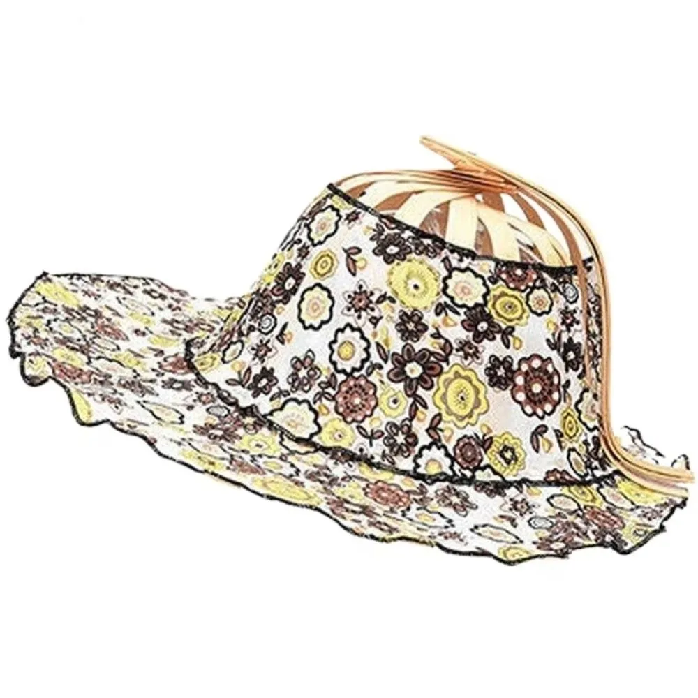 

Wide Brim Folding Fan Hat Floral Printed Foldable Fan Sun Hats UV Protection Chinese Style Bamboo Sunscreen Cap Summer