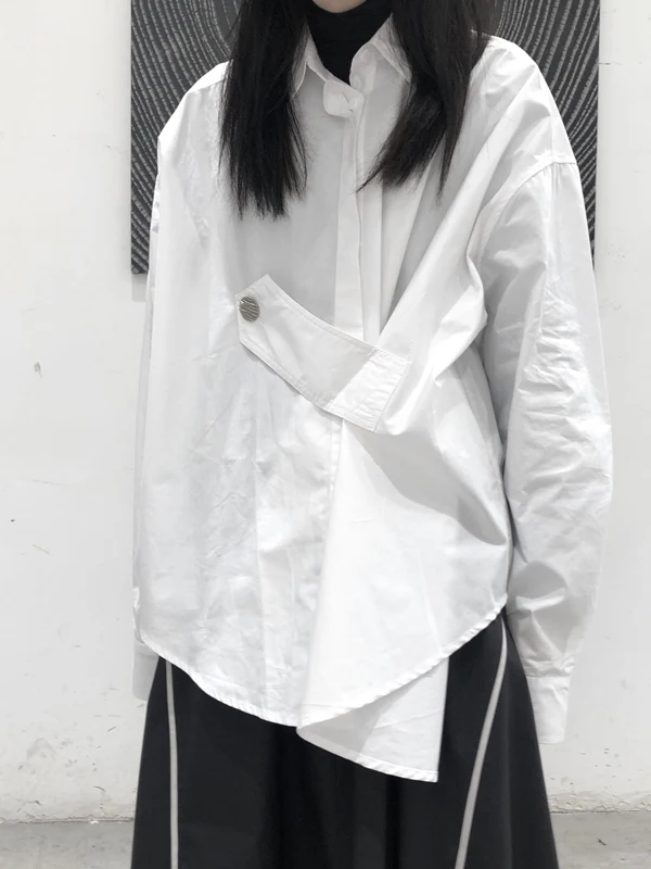 

Spring New Design Asymmetric Long Sve irt Large Size Women's Faionable Collar Stand up Top Single Button Casual Cotton