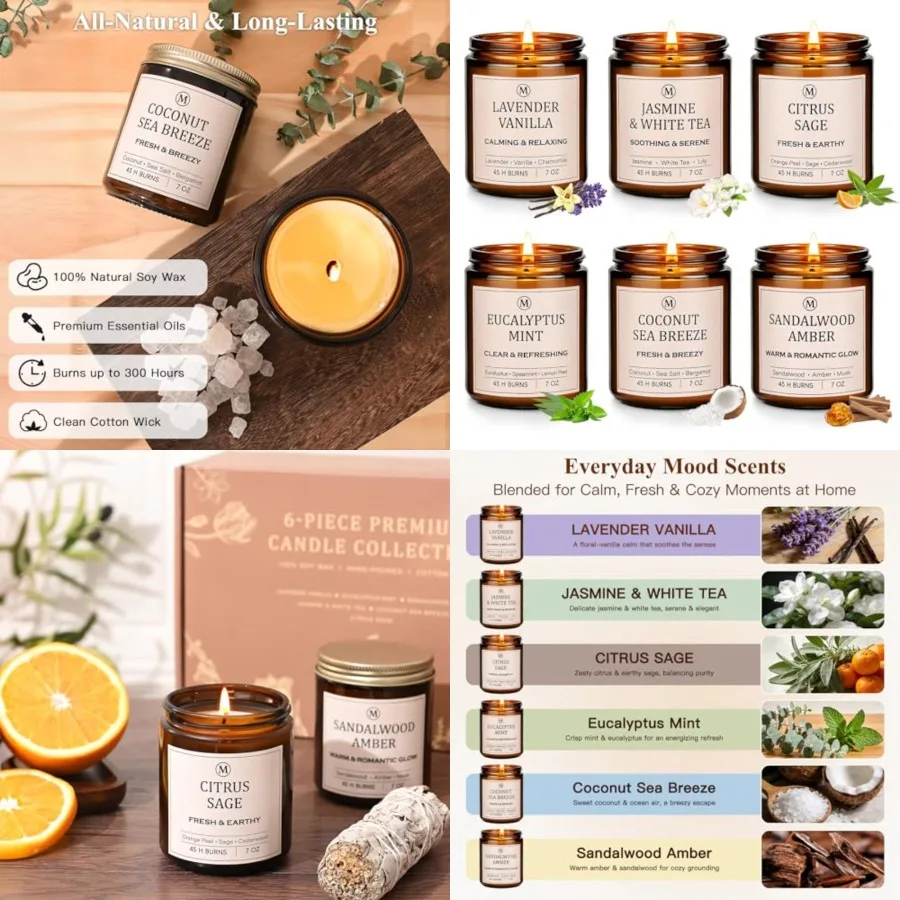 

Набор из 6 ароматических соевых свечей: Лаванда, Ваниль, Эвкалипт, Сандал, Жасмин, Белый чай, Кокос, Шалфей. Натуральный соевый воск. Весенняя коллекция.