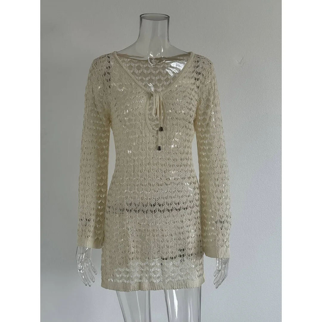 S - XL Langarm-Tunika mit Ausschnitten, gehäkelt, Strick, Strandkleid, Strandmode, Damen V6507 – Detail 20