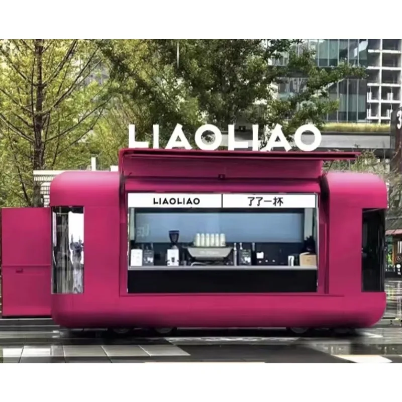 Rosafarbener mobiler Salon-Food-Truck mit integriertem Power-Eisskiosk-Fritteusengrill aus Edelstahl für gewerbliche Catering