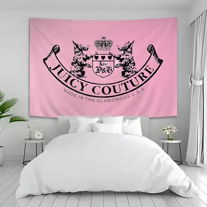 VIKAMA Rosa Wandteppich mit klassischem Doppelbären-Emblem-Print im amerikanischen Luxus-Stil, Schlafzimmer-Wanddekoration, Wandteppich im Ins-Stil, Raumdekoration