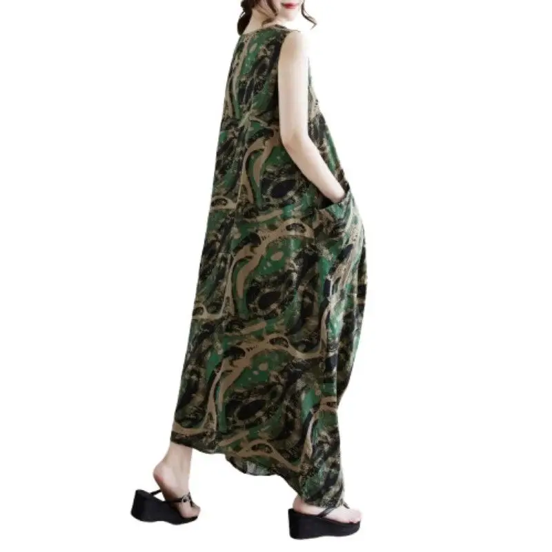 Abito estivo da donna con stampa etnica vintage - Abito maxi senza maniche snellente oversize dalla vestibilità ampia, abbigliamento da spiaggia Boho casual G921