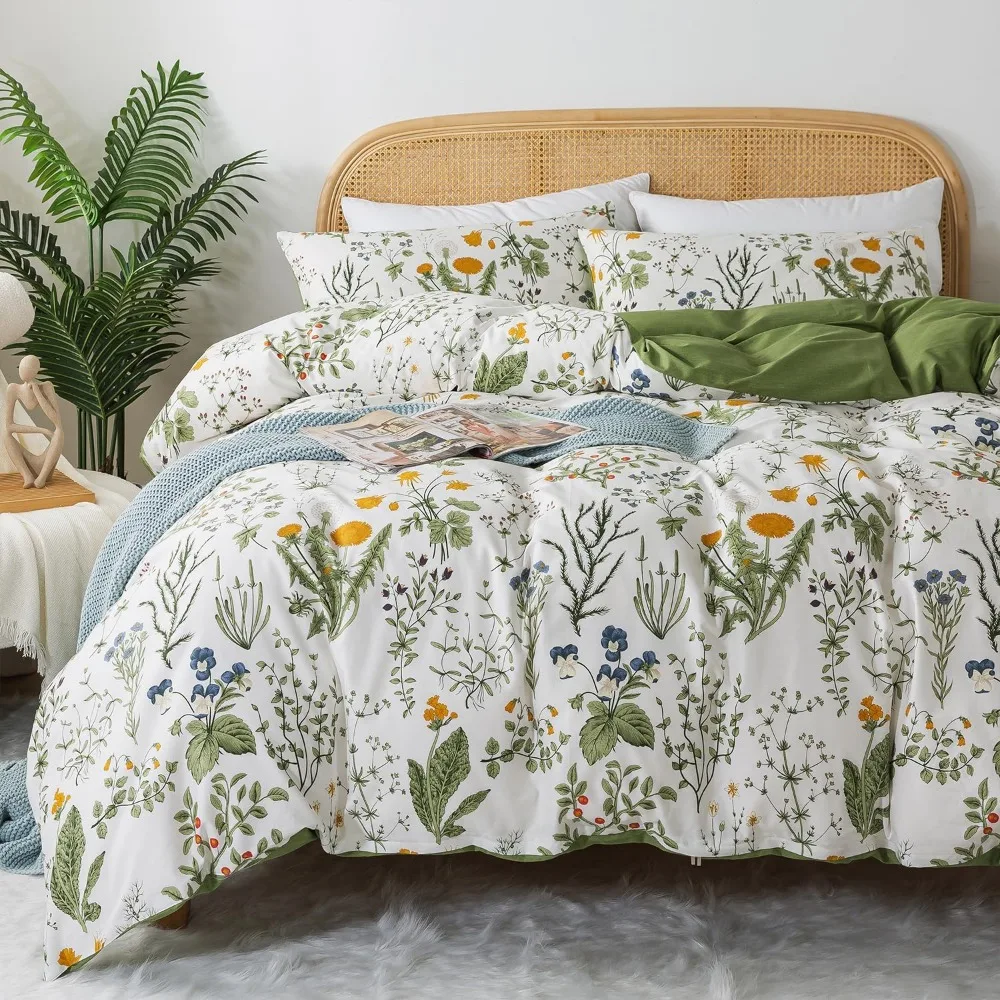 

Queen Size 100% Cotton Percale Duvet Cover with Botanical Garden Print, Reversible Green and Yellow Leaves Pattern Bedding