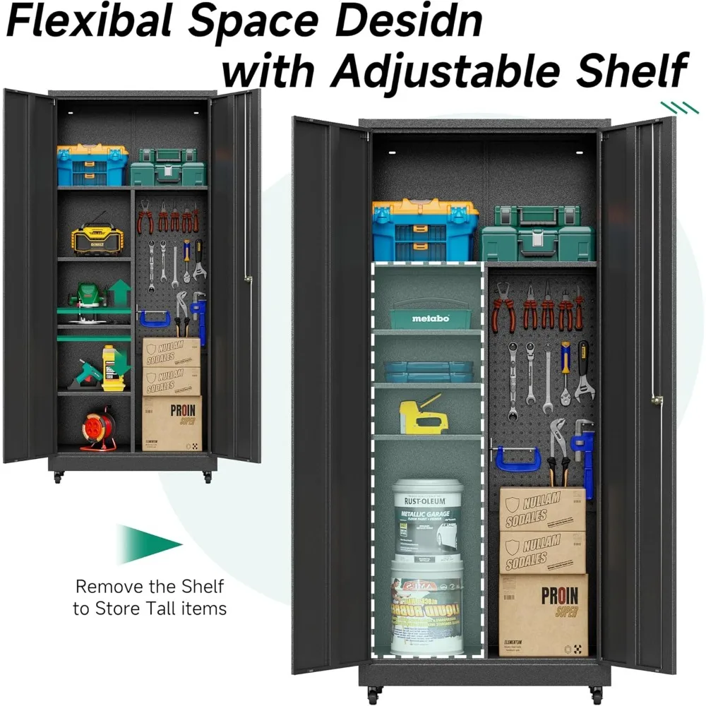 Metal Garage Storage Cabinet with Wheels,Rolling Tool Storage Cabinet with Lock,Steel Locking Cabinet with Locking Doors and Adj
