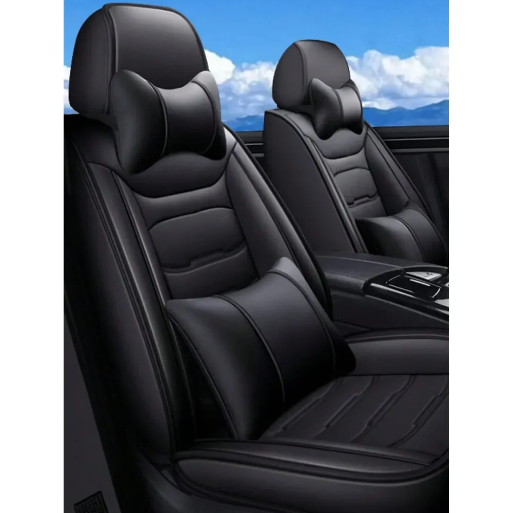 

Black Faux Leather 5Seater Full Coverage Car Seat Covers Includes Headrest Lumbar Pillows Universal Fit Auto Seat Protectors