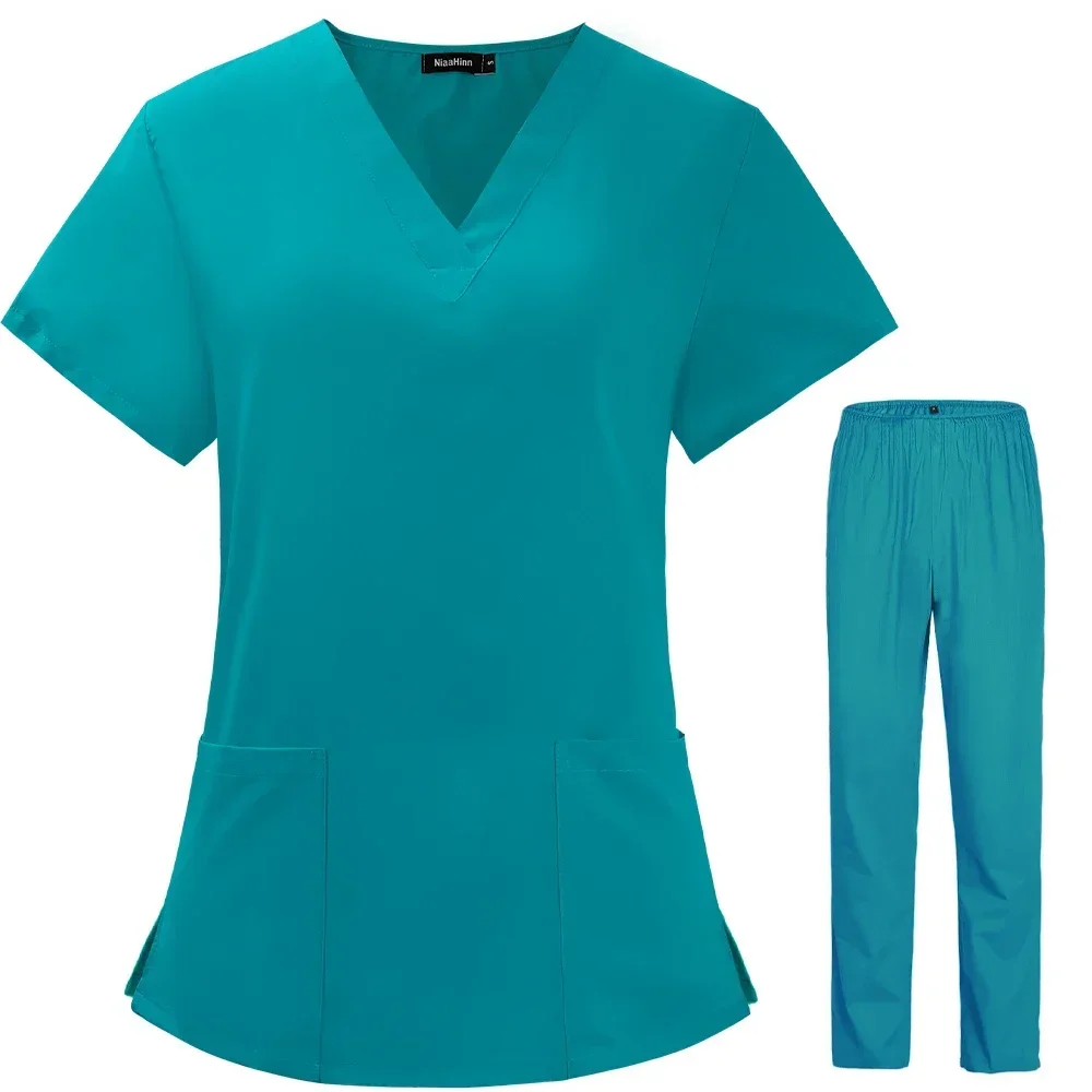 Unisex Fino Scrubs Set para homens e mulheres, terno para salão de beleza, spa uniformes decote v, Pet Grooming Work Wear, verão