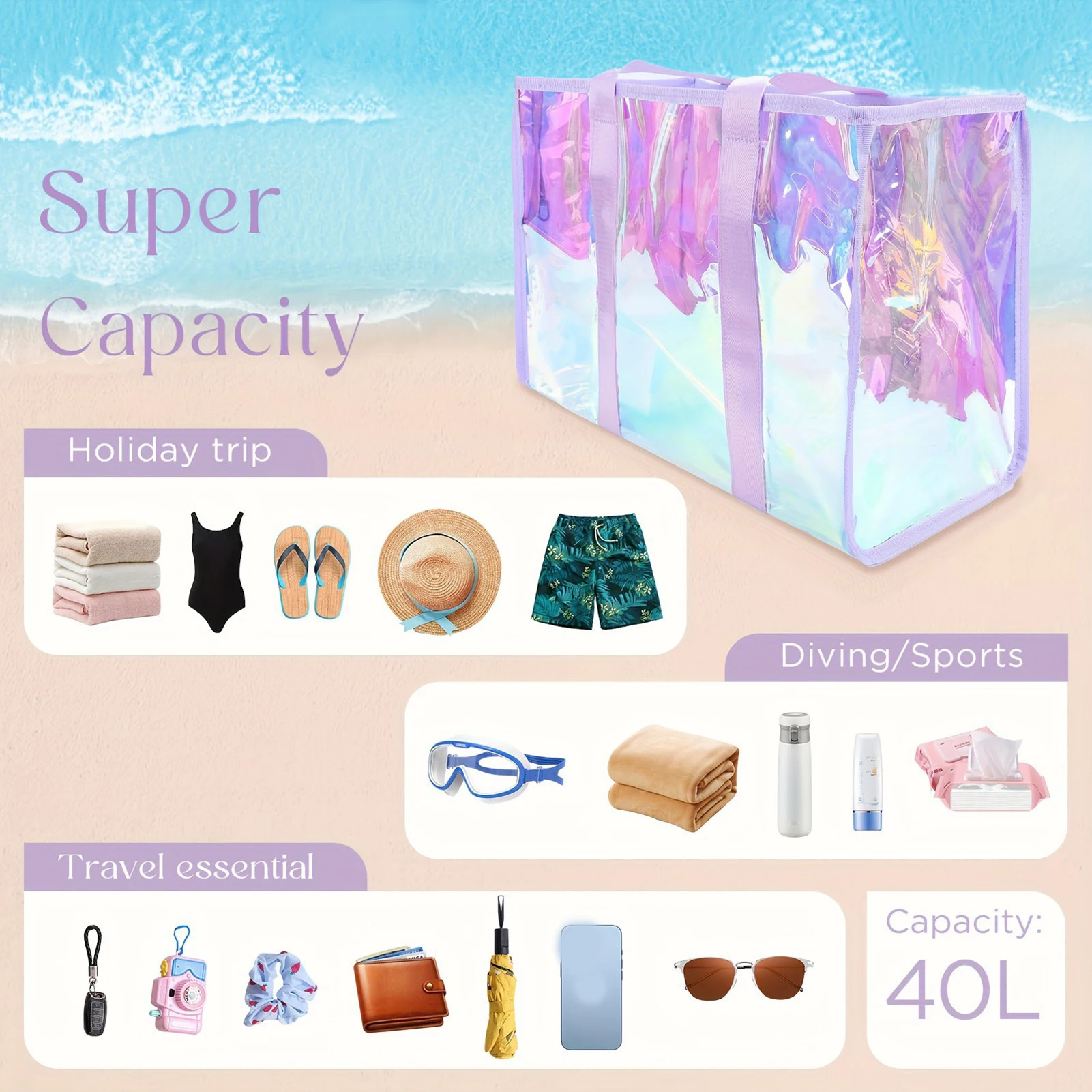 Strandtasche, durchsichtig, großes Fassungsvermögen, multifunktionale schillernde Strandtasche für Pool, Strandtasche, bunte Strandtasche, schillernde Strandtasche