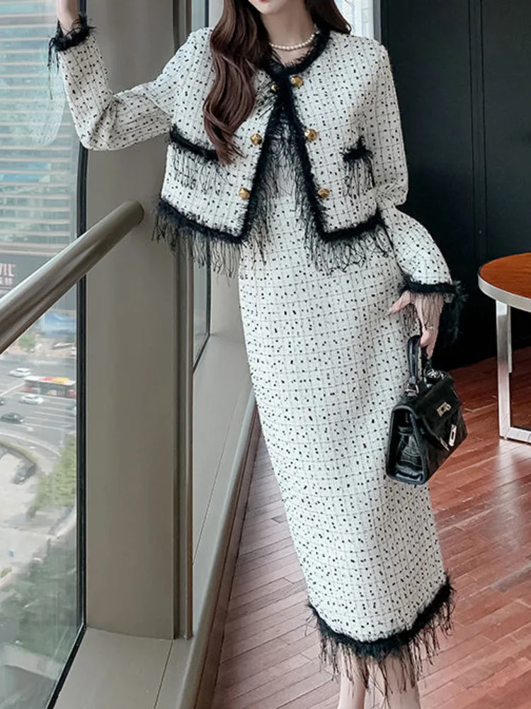 Elegant Office Skirts Suit Ladies Autumn Tassel Plaid Jacket Coats + High Waist Bag Hip Long Skirts 2 Piece Sets Womens Outifits