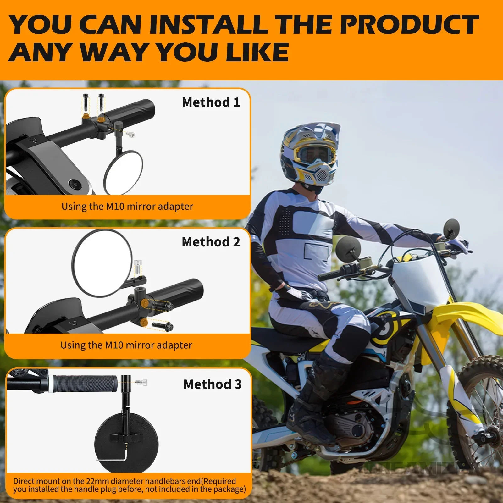 ATV Quad Bike Round  Folding Mirror Reflector for 22-23mm Handlebar Diameter with M8 Bolt For Honda Suzuki Yamaha Surron view 2