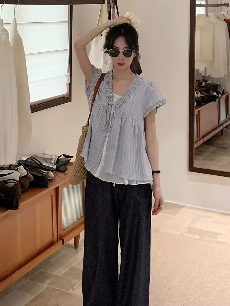 Koreańska Moda Damska Letnia Duży Rozmiar Lolita Słodka Bluzka Urocze Falbanki Bufiaste Rękawy Bandage Top Udający Dwuczęściowy Koreański Trend