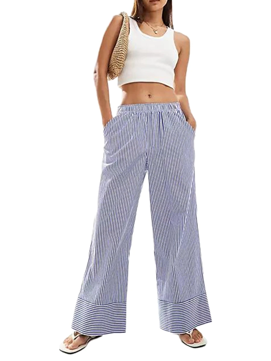 

New Fashion Womens Striped Print Pants Elastic High Waist Wide Leg Trousers With Pockets Streetwear For Summer Hot Sale S M L