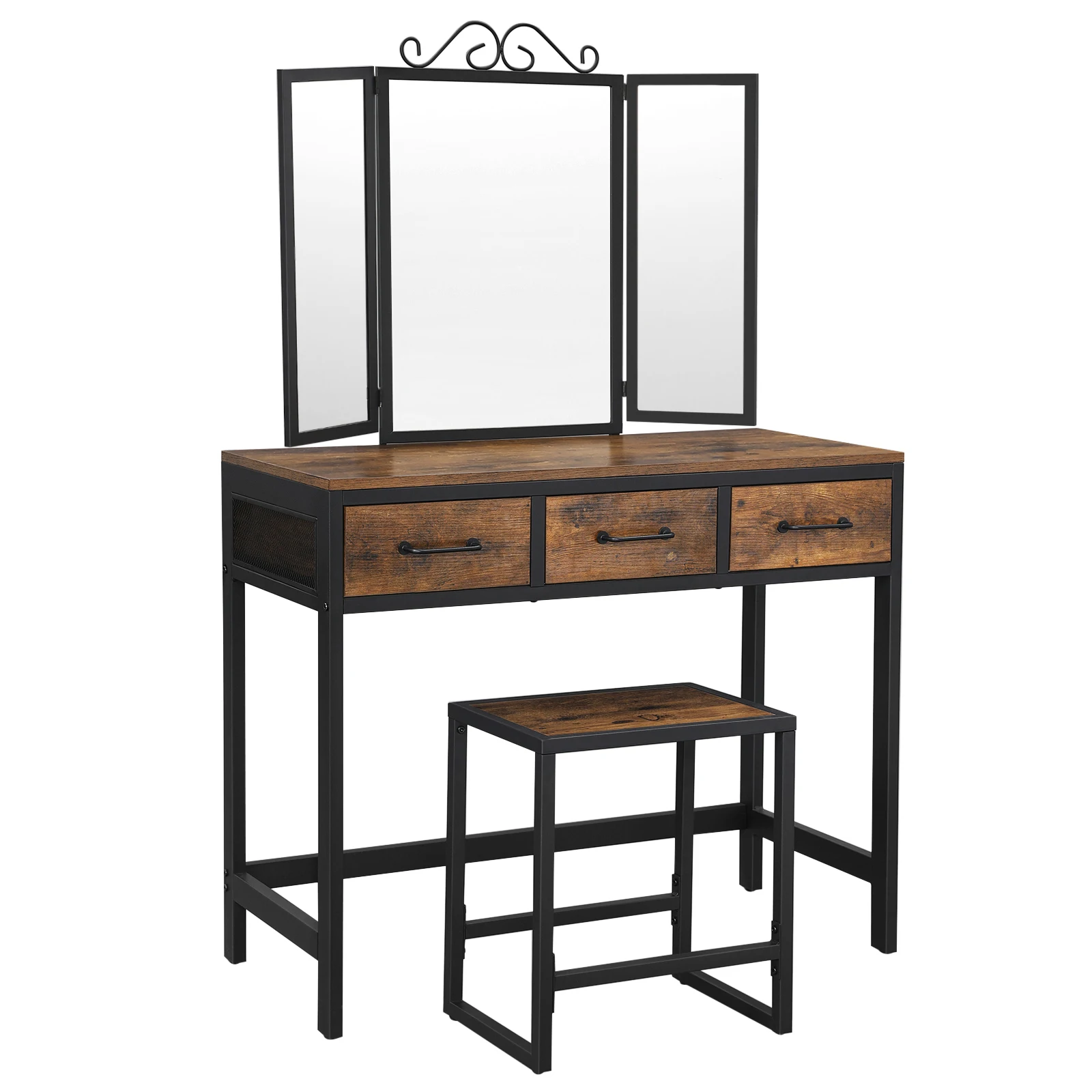 VASAGLE Dressing Table and Stool Set, Dressing Table with Triple Fold Mirror, 3 Drawers, Vanity Table with Steel Frame