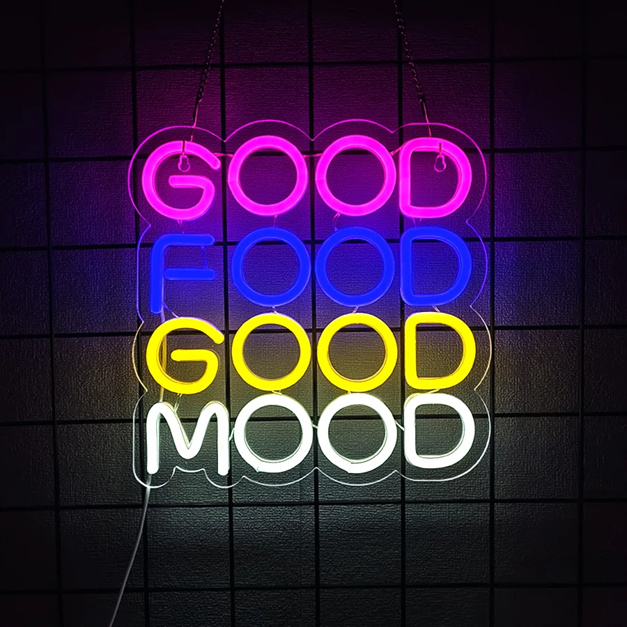 

Светодиодная неоновая вывеска Good Food Good Mood, красочная буквенная икона, питание от USB, используется для ресторана, кухни, декора ресторана фаст-фуда.