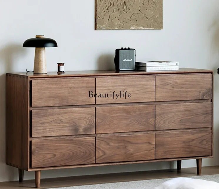 

FG10Black Walnut Nine-Drawer Cabinet Nordic Bedroom Storage Cherrywood Chest of Six Drawers All Solid Wood