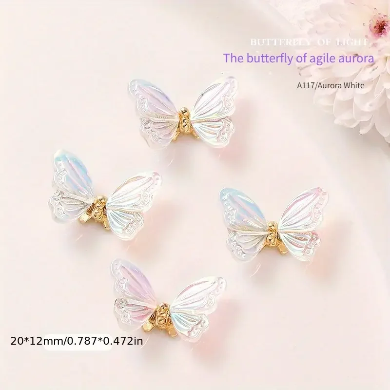 3Dダイナミックバタフライネイルアクセサリー3点セット、輝くINS風オーロラバタフライアクセサリー、50個のマルチカラー混合新作リボン