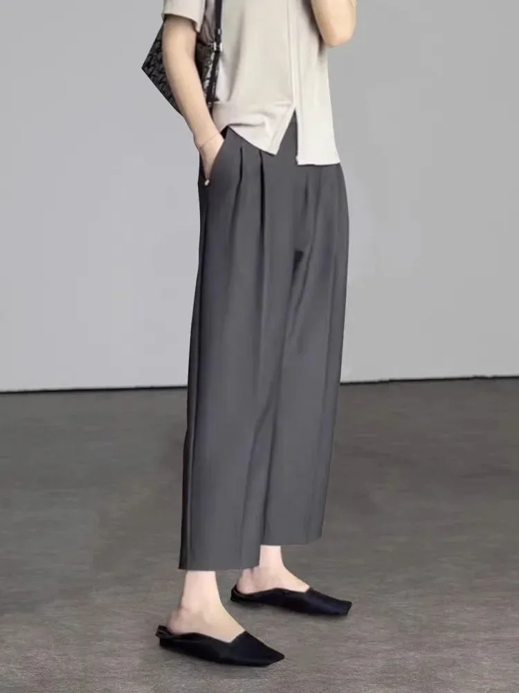 Calças de Terno Elegantes Pretas e Cinzas para Mulheres, Comprimento até o Tornozelo, Calças Harem de Cintura Alta, Calças da Moda com Bolsos