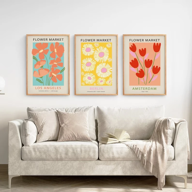 3pcs Modern Botanical Flower Market Wall Art Print Canvas Painting Poster Picture For Living Room,Bedroom Home Decor